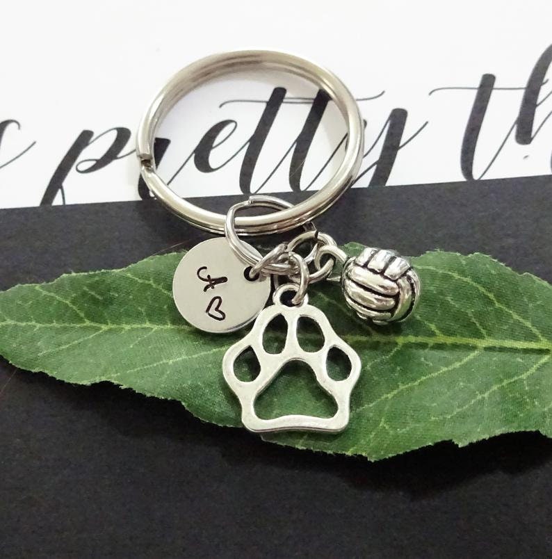 3D VOLLEYBALLBALL keychain with PAW mascot personalized w initial or number charm volleyball keychain zipper pull or purse charm