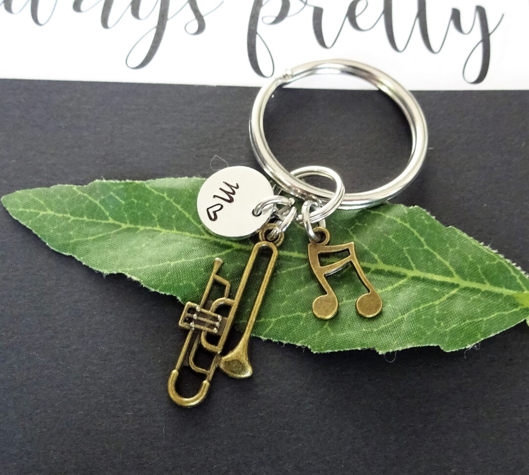 TROMBONE KEYCHAIN W Music Note & Personalized With Initial Charm Bronze