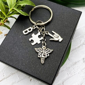 SLP SPEECH THERAPIST keychain, speech language pathologist caduceus, puzzle  autism, signing, initial charm