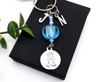 BEST FRIENDS KEYCHAIN with engraved charm, blue beads, 2 initials - keychain, bag charm or zipper pull