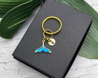 Small WHALE TAIL KEYCHAIN personalized with initial charm - blue and gold whale tail keyring or zipper pull - same on both sides