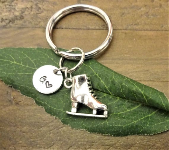 3D ICE SKATE KEYCHAIN in shiny silver tone with initial charm Etsy