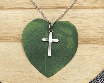Stainless steel MINIMALIST CROSS NECKLACE - small 3/4" cross, etched lines on cross - non tarnish minimalist necklace - 20mm x 12mm