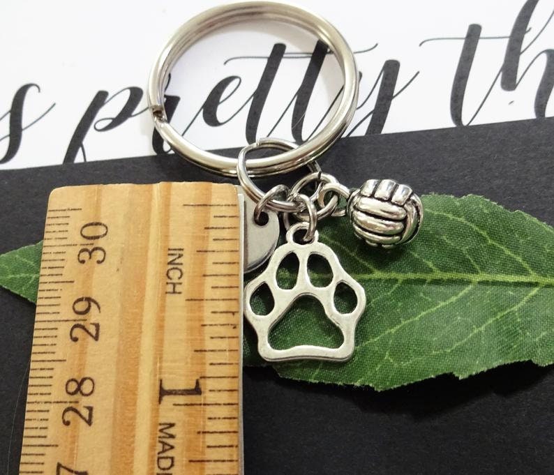 3D VOLLEYBALLBALL keychain with PAW mascot personalized w initial or number charm volleyball keychain zipper pull or purse charm