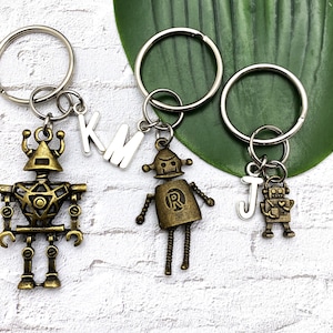 BRONZE ROBOT KEYCHAIN personalized with initial charm, choose one robot keychain - the 2nd robot has movable head, arms and legs