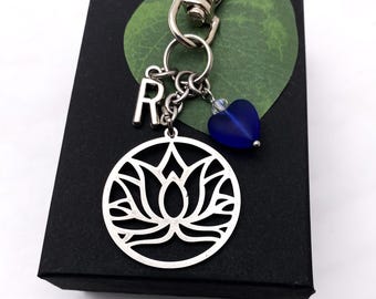 LOTUS FLOWER KEYCHAIN & cobalt blue heart with clear Swarovski crystal with initial charm, double sided shiny stainless steel 1.25" lotus