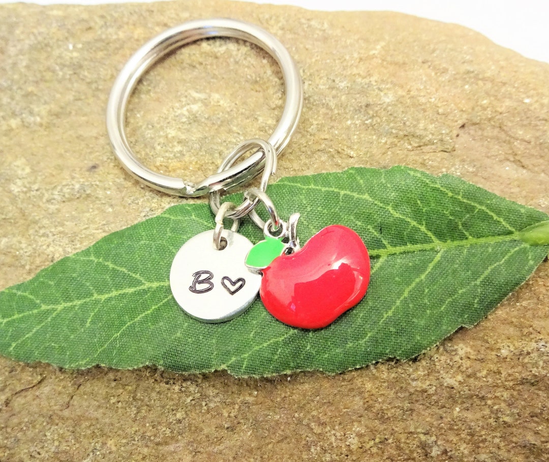 Small RED APPLE KEYCHAIN With 1/2 Inch Initial Charm Gift for Teacher