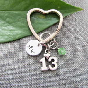 BIRTHDAY "13" KEYCHAIN personalized with initial charm and Swarovski birthstone crystal - birthday gift keychain, purse charm