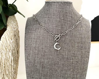 Unisex stainless steel 3D CRESCENT MOON (18x14mm) necklace on a paper clip chain, toggle clasp, all stainless steel non tarnish