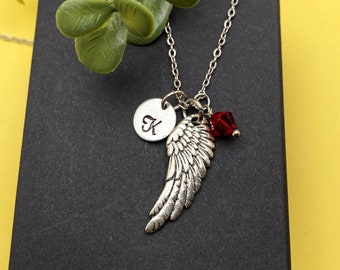 ANGEL WING NECKLACE personalized with initial charm & Swarovski birthstone crystal charm on stainless steel non tarnish chain