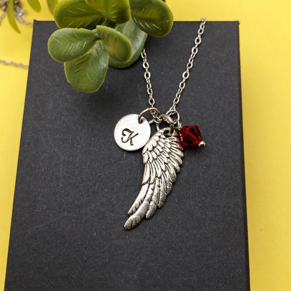 ANGEL WING NECKLACE personalized with initial charm & Swarovski birthstone crystal charm on stainless steel non tarnish chain