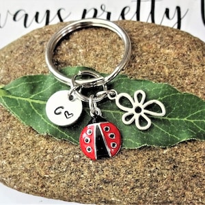 RED LADYBUG KEYCHAIN & flower personalized with initial charm - small 5/8&quot; red and black ladybug as a keychain, purse charm or zipper pull
