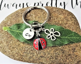 RED LADYBUG KEYCHAIN & flower personalized with initial charm - small 5/8" red and black ladybug as a keychain, purse charm or zipper pull