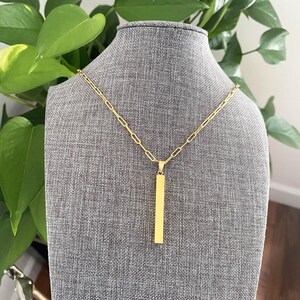 Gold Stainless steel LARGE 3D BAR NECKLACE on a 3 x 9mm Paper clip chain - bar is 5mm square by 40mm tall (25mm = 1 inch)