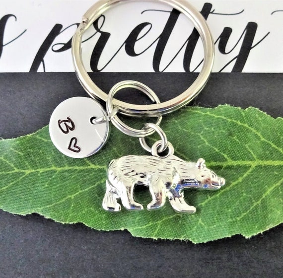 BEAR KEYCHAIN Personalized With Initial Charm Choose Silver Etsy