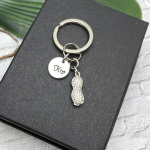 SMALL stainless steel PEANUT KEYCHAIN personalized with initial charm - double sided puffy charm measures 3/4 inch, detailed and cute