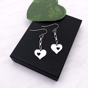 Stainless steel HEART EARRINGS on long link box chain - all stainless steel non tarnish hypoallergenic, choose earring posts or hooks