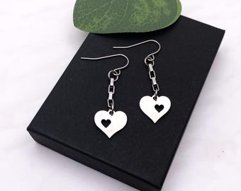 Stainless steel HEART EARRINGS on long link box chain - all stainless steel non tarnish hypoallergenic, choose earring posts or hooks