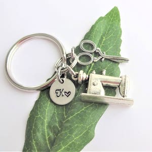 3D SEWING MACHINE & SCISSORS keychain personalized with initial charm - sewing gift keychain, zipper pull or purse charm - see all pix