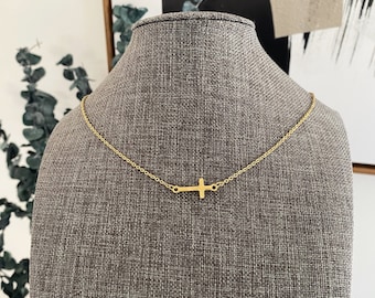 Stainless steel SIDEWAYS CROSS NECKLACE in natural silver stainless steel or gold stainless steel - all stainless steel necklace