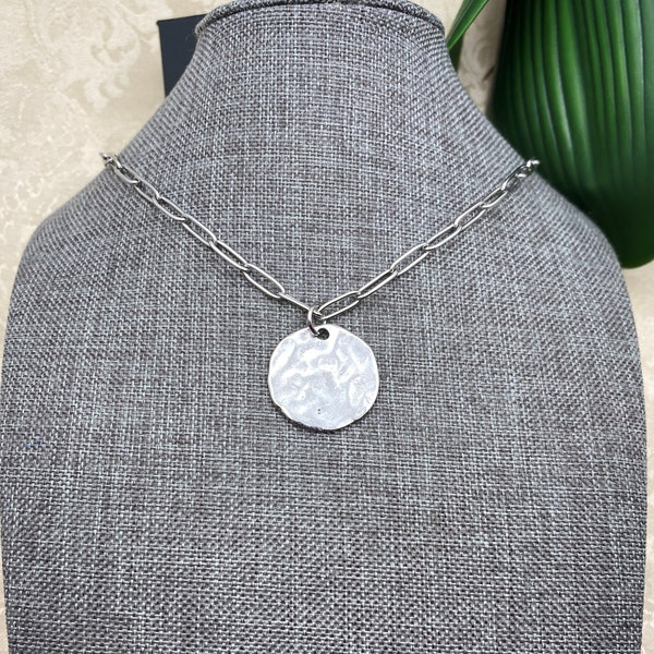 HAMMERED DISC NECKLACE in all stainless steel with paper clip chain - 1 inch round hammered disc, 2 sided,  non tarnish