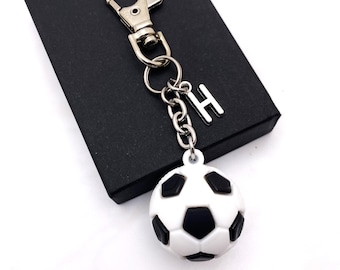 3D Black & white SOCCER BALL KEYCHAIN with initial charm - soft soccer ball keychain, zipper pull or bag charm