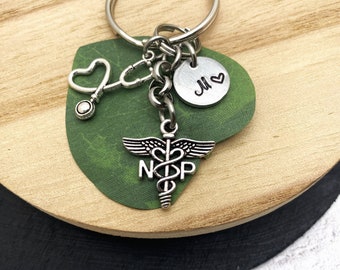 NP & heart STETHOSCOPE keychain personalized with initial charm - nurse practitioner keyring, purse charm or zipper pull
