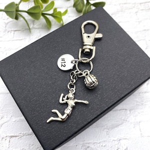 VOLLEYBALL GIRL KEYCHAIN personalized w initial or number charm - silver tone 3d volleyball w 3d girl keychain, purse charm, zipper pull