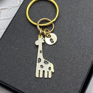 Small GIRAFFE KEYCHAIN personalized with initial charm - white, black, gold giraffe keyring or zipper pull - plain gold on reverse side