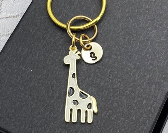 Small GIRAFFE KEYCHAIN personalized with initial charm - white, black, gold giraffe keyring or zipper pull - plain gold on reverse side