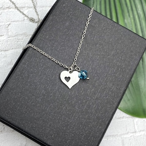 Stainless steel HEART in HEART NECKLACE on a stainless steel chain with birthstone crystal, non tarnish hypoallergenic, minimalist necklace