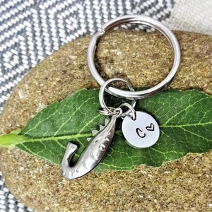 SHRIMP KEYCHAIN personalized with initial charm - shrimp charm is stainless steel, puffy, hollow - keychain or zipper pull - see all pix