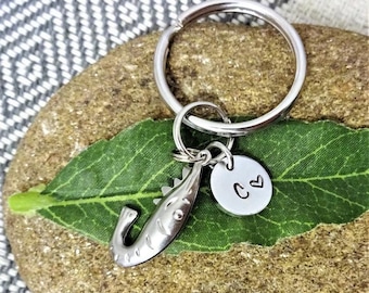SHRIMP KEYCHAIN personalized with initial charm - shrimp charm is stainless steel, puffy, hollow - keychain or zipper pull