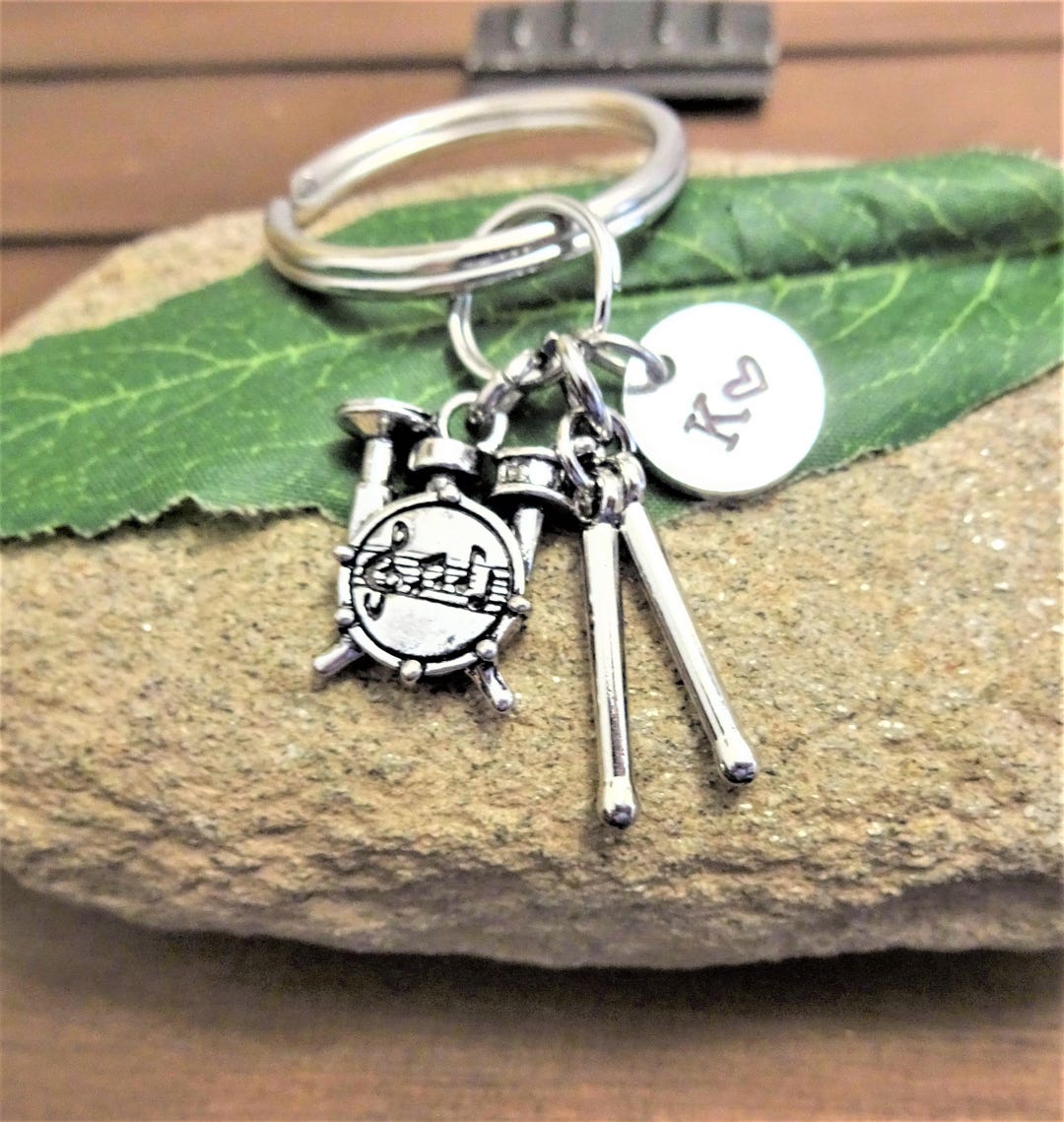 DRUM SET KEYCHAIN Personalized With Initial Charm Drummer Keychain