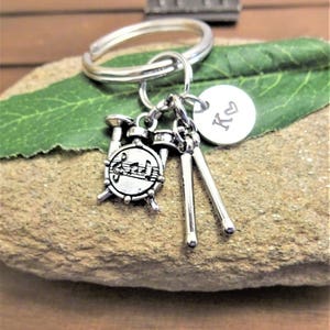 DRUM SET KEYCHAIN personalized with initial charm -  drummer keychain, purse charm or zipper pull - see all pix