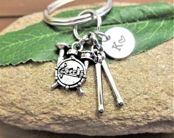 DRUM SET KEYCHAIN personalized with initial charm -  drummer keychain, purse charm or zipper pull - see all pix