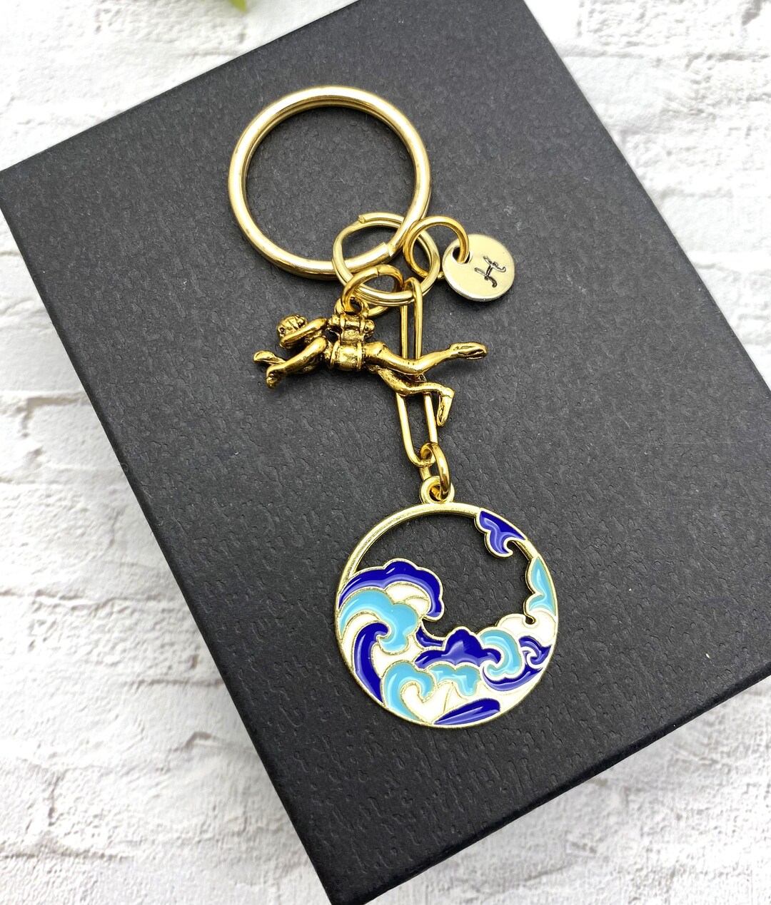 SCUBA DIVER KEYCHAIN With Blue Wave Charm Personalized With Initial