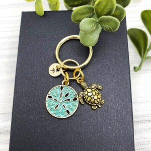 Blue patina SAND DOLLAR & sea TURTLE keychain with personalized initial charm - turtle keyring, zipper pull, purse charm