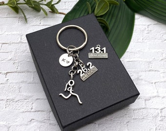 MARATHON RUNNER KEYCHAIN - 26.2 or 13.1 running girl with initial charm - keychain, zipper pull or purse charm