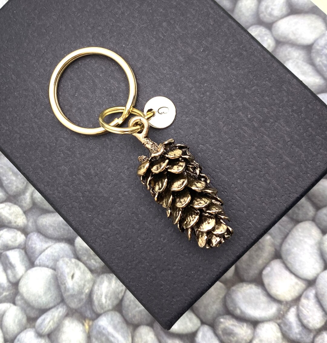 3D LARGE PINE CONE Keychain in Gold Tone Personalized With Initial