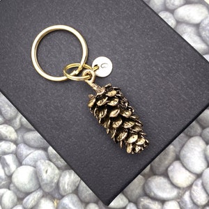 3D LARGE PINE CONE keychain in gold tone  personalized with initial charm - 1-1/4 inch pinecone keychain or zipper pull