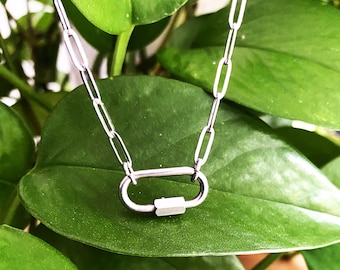 Stainless steel smaller CARABINER NECKLACE 3x9mm smaller paperclip chain with 20 x 10mm (3/4") carabiner, unscrews to open, non-tarnish