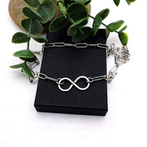May include: A silver-colored necklace featuring an infinity symbol pendant. The necklace is made of linked chain and is displayed on a black box. Green leafy sprigs and a stone are in the background.