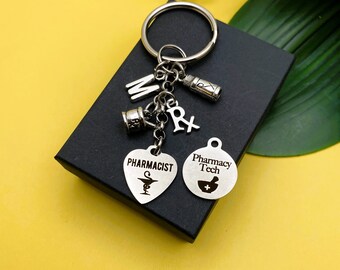 PHARMACIST KEYCHAIN personalized with initial charm, mortar & pestle, Rx, pill bottle - Pharmacist or Pharmacy tech gift