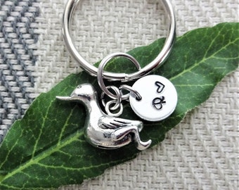 3D DUCK KEYCHAIN  personalized with initial charm in silver tone - keychain, purse charm or zipper pull