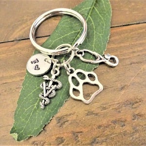 VETERINARIAN VET KEYCHAIN, paw & stethoscope personalized with initial charm - vet keychain, purse charm or zipper pull - see all pix