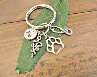VETERINARIAN VET KEYCHAIN, paw & stethoscope personalized with initial charm - vet keychain, purse charm or zipper pull - see all pix