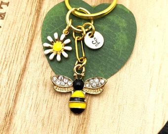 DAISY and bumble BEE KEYCHAIN personalized with initial charm - white daisy, bumblebee black, yellow, gold tone