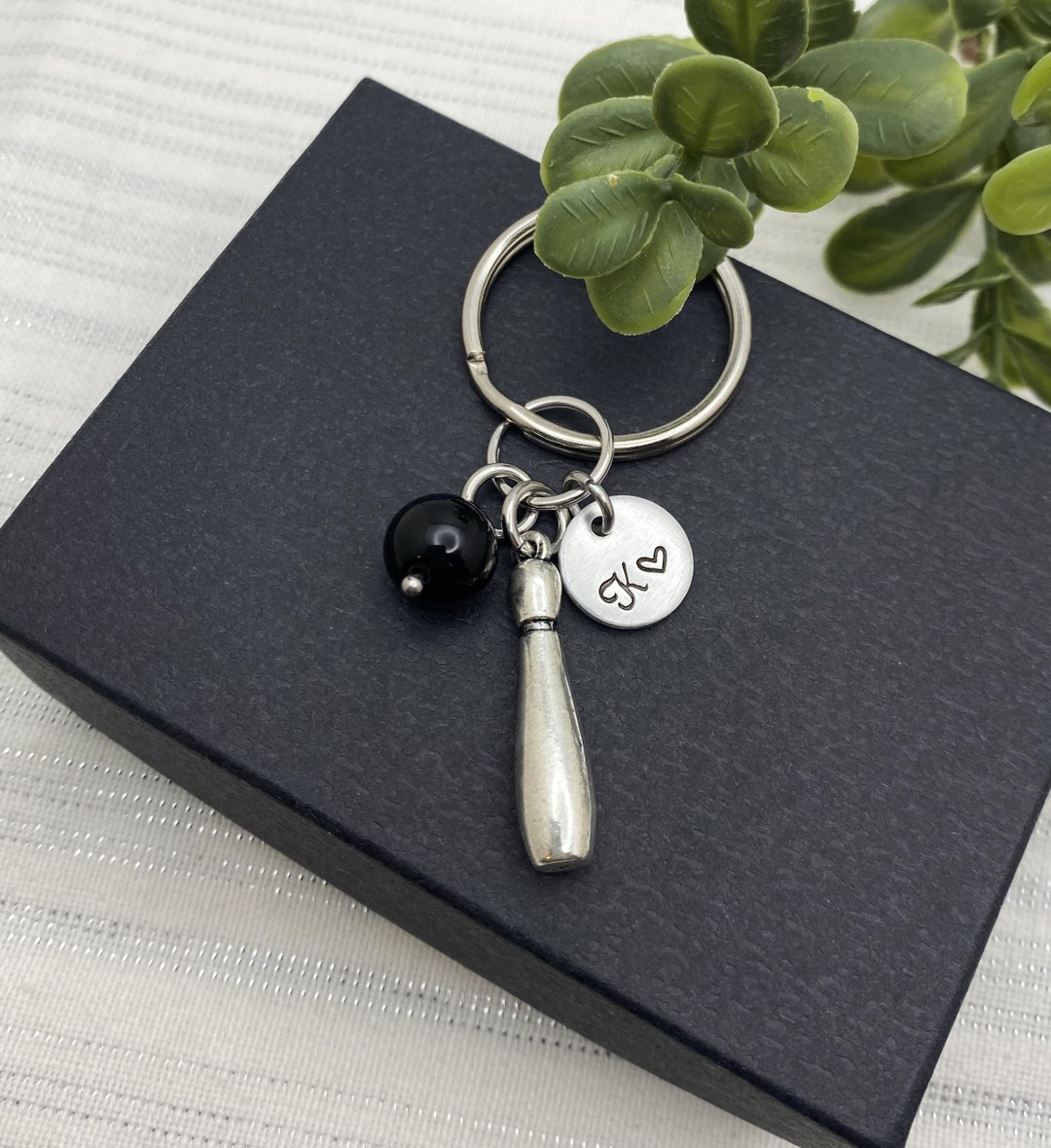 BOWLING PIN Keychain Personalized With Initial Charm With Black Bead as