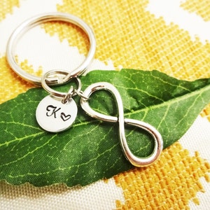 INFINITY KEYCHAIN w initial charm - couples keychain -BFF boyfriend girlfriend gift - keychain, zipper pull or purse charm